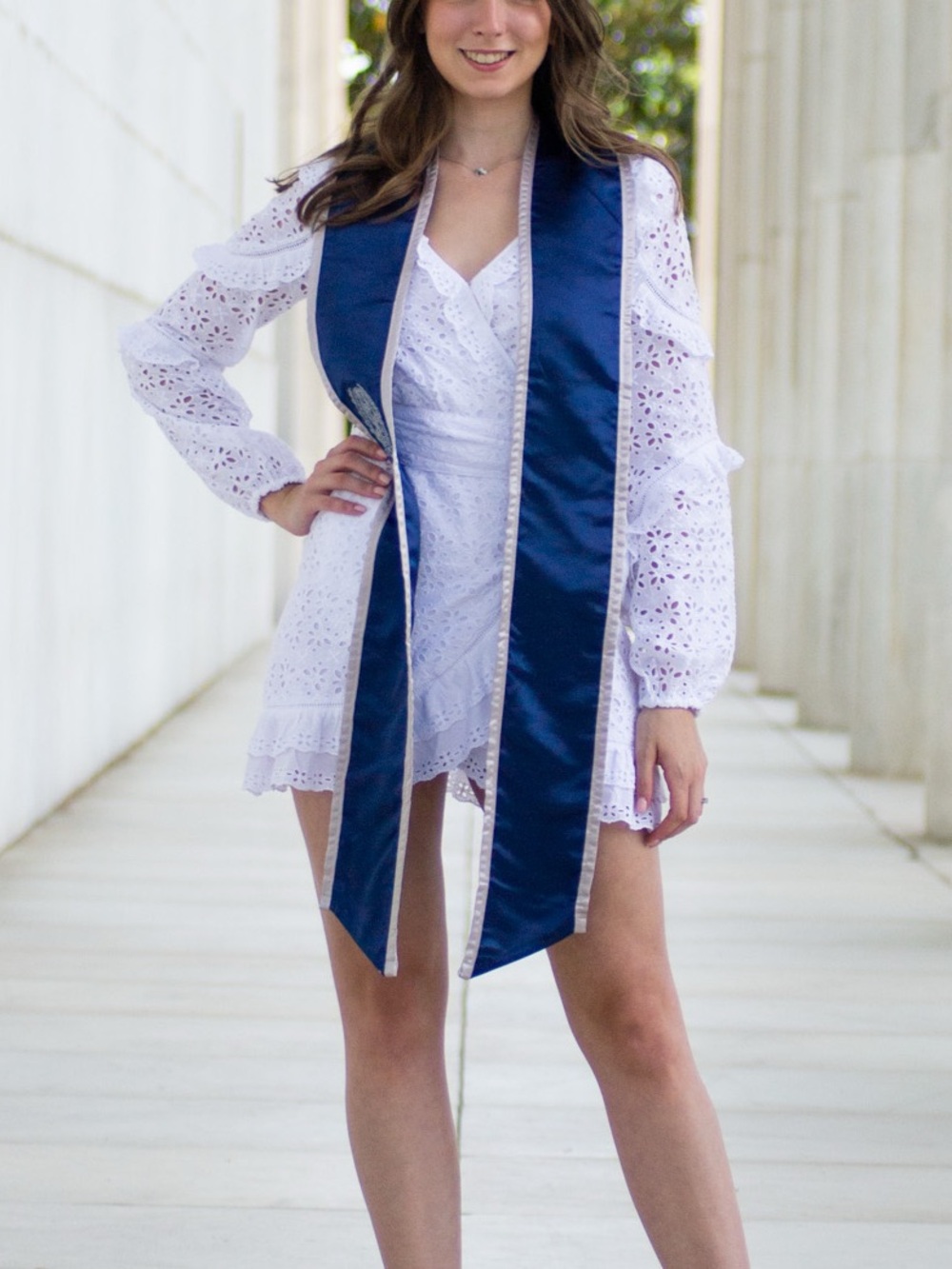 Veronica Beard White Eyelet Mini Dress with Navy Sash